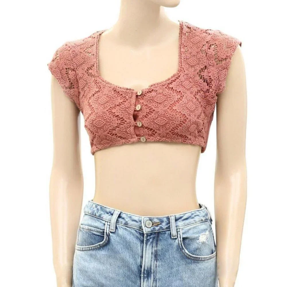 Free People Endless Summer Epic Sunset Cropped Top Crochet Lace Smocke XS